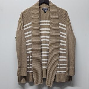 Lands End Open Front Striped Cardigan Sweater Womens Sz. MP Shawl Collar Coastal